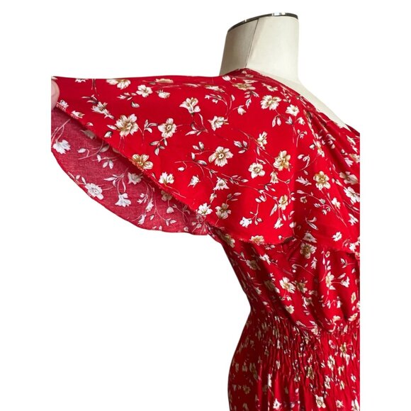 Kindred red floral wrap top flutter sleeve maxi dress size S - Picture 7 of 13